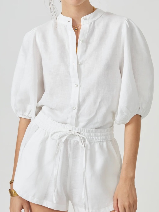 Lanhtropy Tops - Lanhtropy White 100% Linen Puff Sleeve Button Blouse XS
